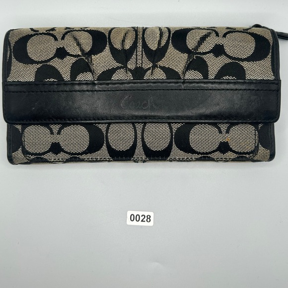 Coach Signature C Monogram Trifold Wallet Black Leather Tan Canvas - Picture 1 of 15
